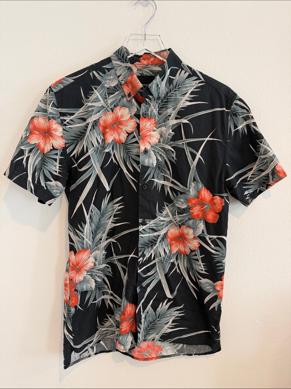 Barney Cools Black Short-Sleeve Hawaiian Button-Down with Red Floral Print